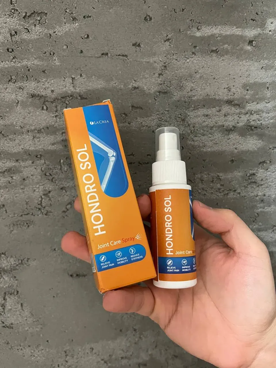 Caja y frasco de Hondro Sol Joint Care Spray de la marca LaCrea